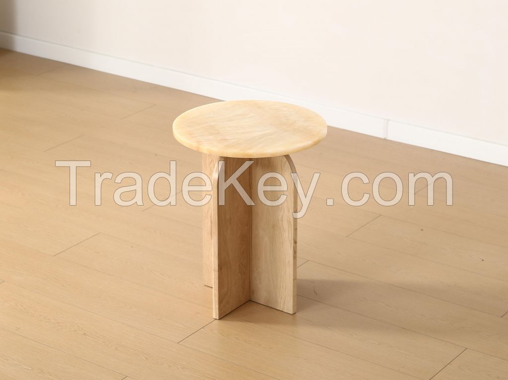 Custom-made Yellow Marble Solid Wood Leg Side Table for the Living Room