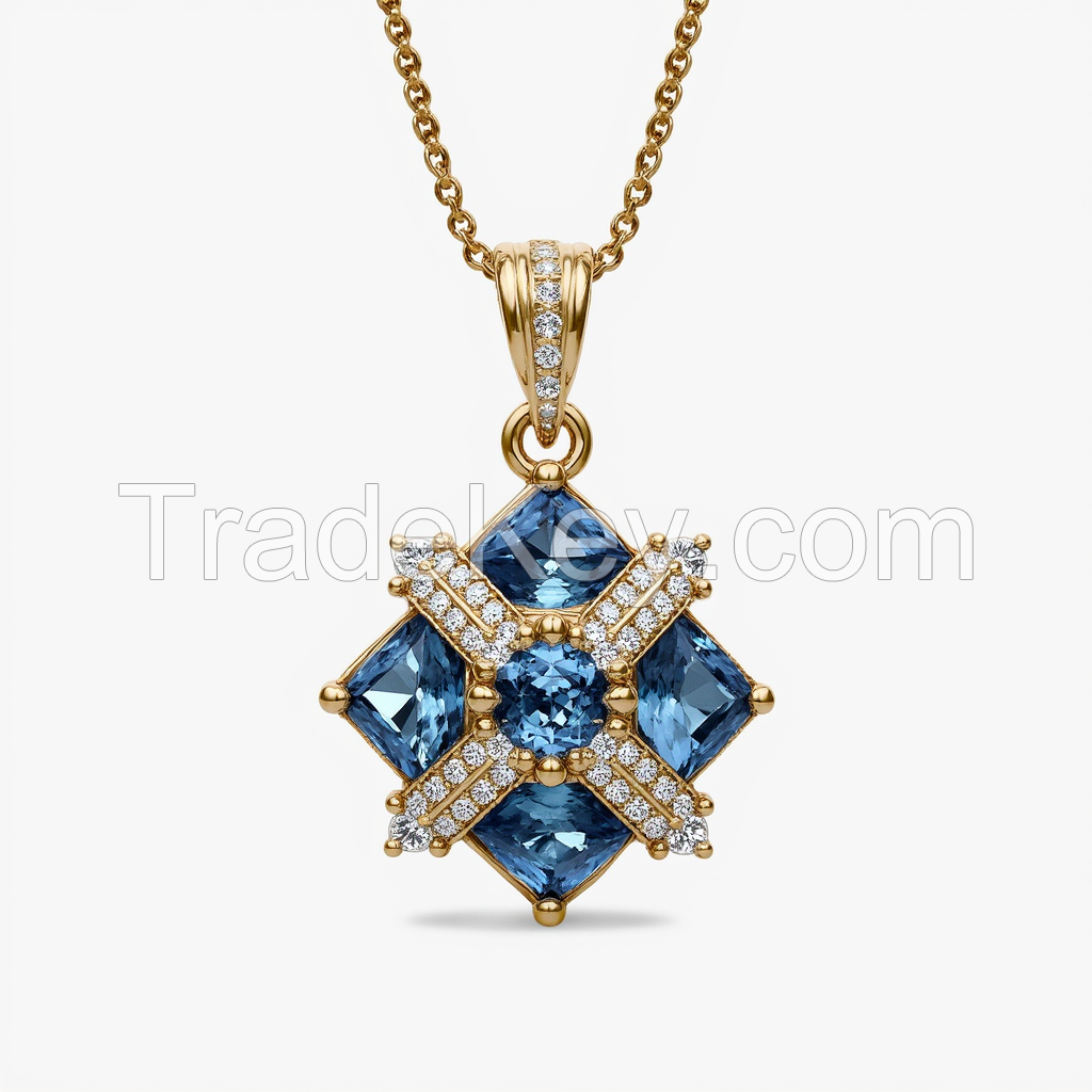 Exquisite + Gold - set Blue Gemstone and Diamond + Pendant Necklace + for Special Occasions