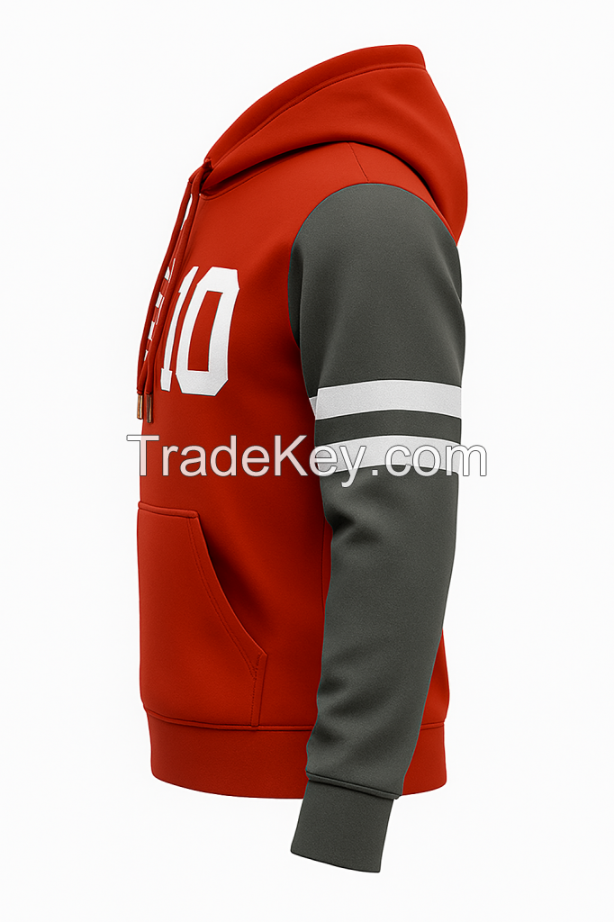 Custom Oem Red Hoodie with Kangaroo Pocket &amp; Gray Sleeves Unisex Pullover Premium Streetwear In Wholesale Prices