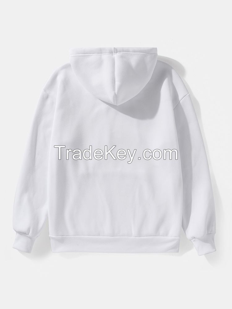 High Quality Oversized Drop Shoulder Fleece Hoodie for Men Custom Logo Printed Long Pullover Sweatshirt Lined Plain White