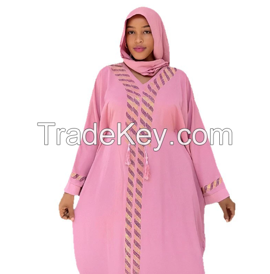 Cross border women's Muslim Middle Eastern robe with headscarf, Saudi Dubai long sleeved rhinestone dress