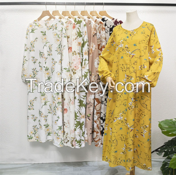 Cross border women's Malaysian robe floral dress long sleeved pullover chiffon A-line Arabic hood