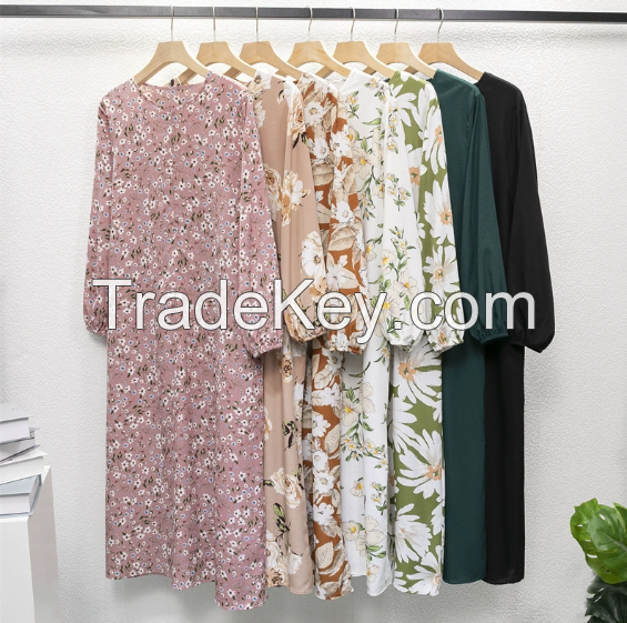 Cross border women's Malaysian robe floral dress long sleeved pullover chiffon A-line Arabic hood