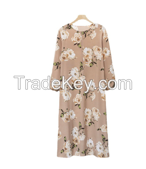 Cross border women's Malaysian robe floral dress long sleeved pullover chiffon A-line Arabic hood