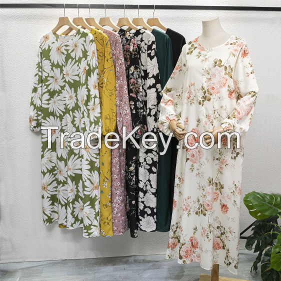 Cross border women's Malaysian robe floral dress long sleeved pullover chiffon A-line Arabic hood