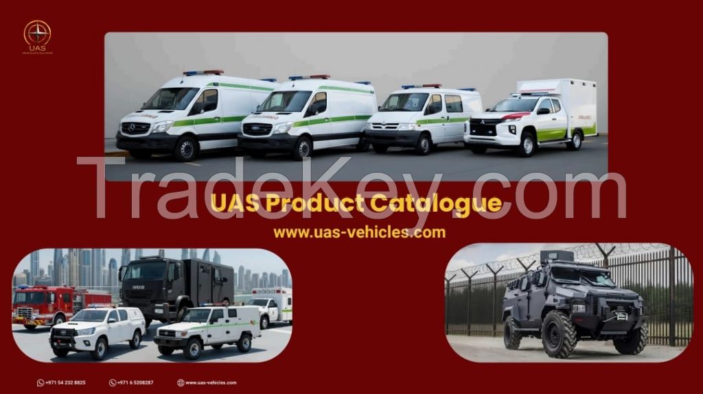 Ambulances, Mobile clinics, Fire trucks, Armoured Vehicles