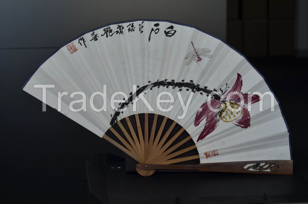 Oriental Chinese painting on folding fan, wholesale handmade bamboo silk paper folding fan