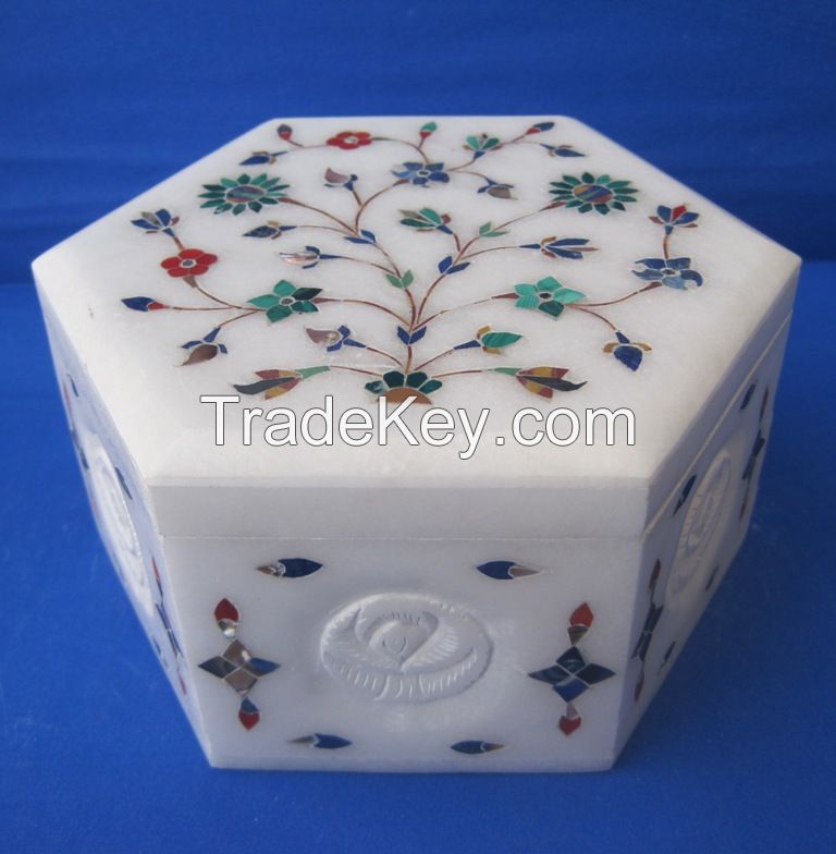 Marble Jewelry Box Lapis Lazuli Luxury Handmade Mosaic Inlay Floral Indian Gift Box