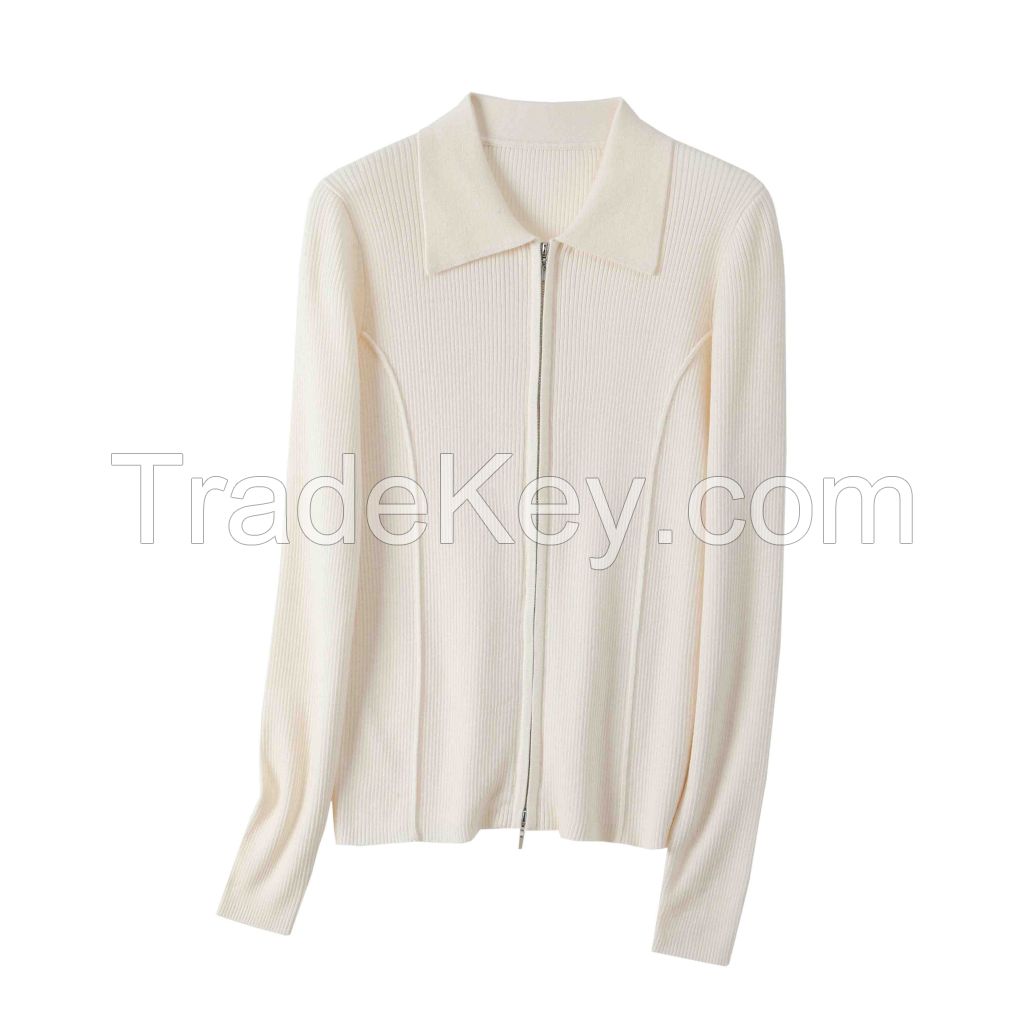 2026 Lady's Sweater Knit Zip-up Cardigan Lapel collar