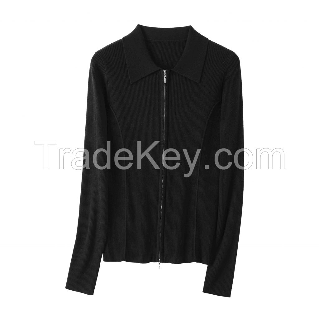 2026 Lady's Sweater Knit Zip-up Cardigan Lapel collar
