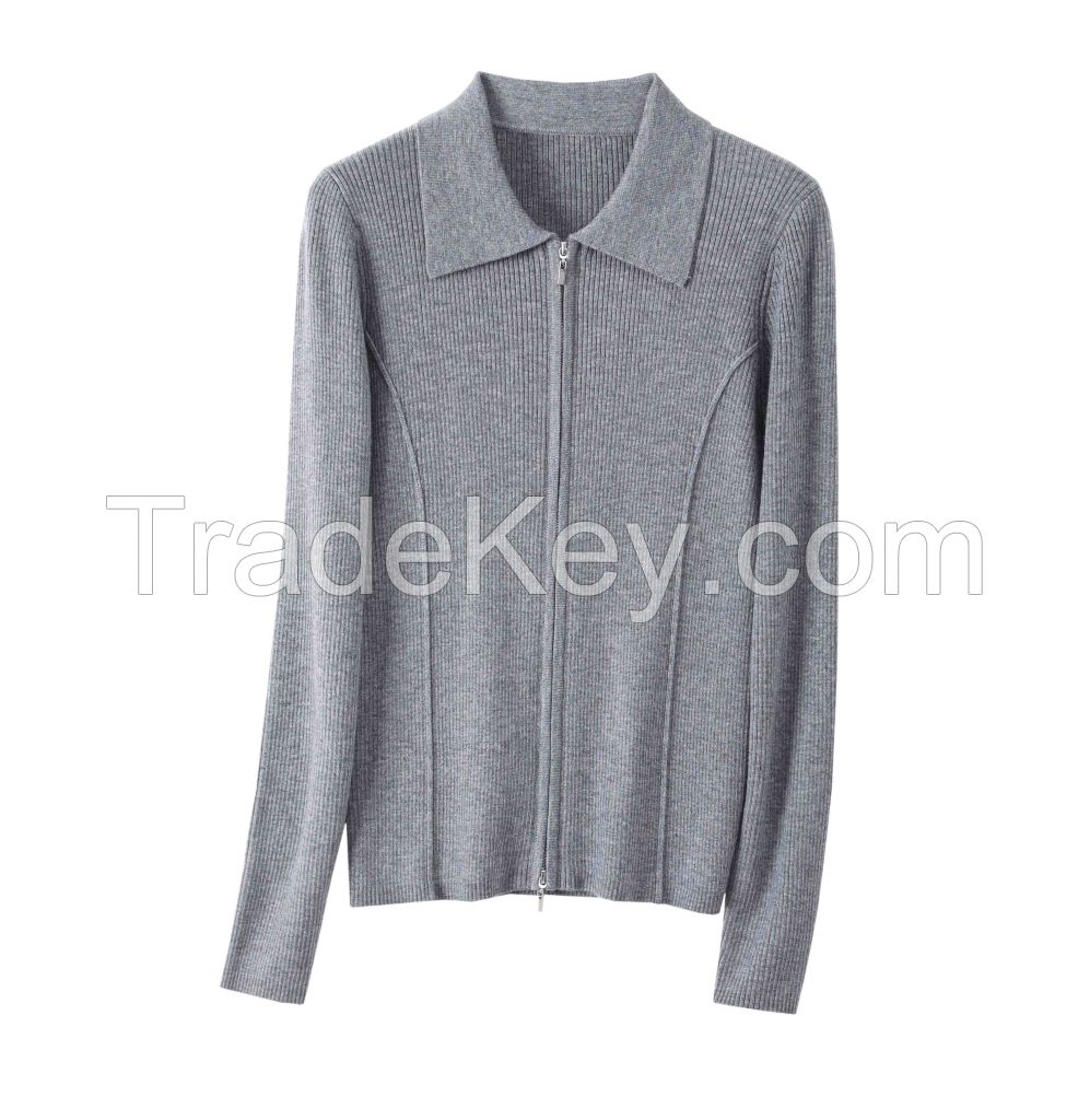 2026 Lady's Sweater Knit Zip-up Cardigan Lapel collar