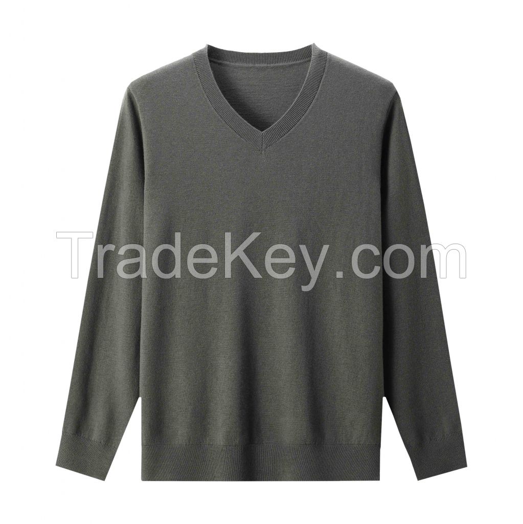 2026 Men's  Woollen Sweater V-neck Solid Color Versatile Top
