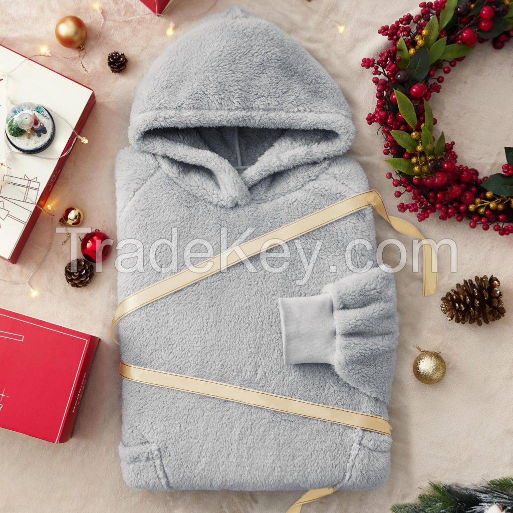 Oversized Wearable Cozy Sherpa Hoodie Blanket with Handy Pockets and Closed Cuff