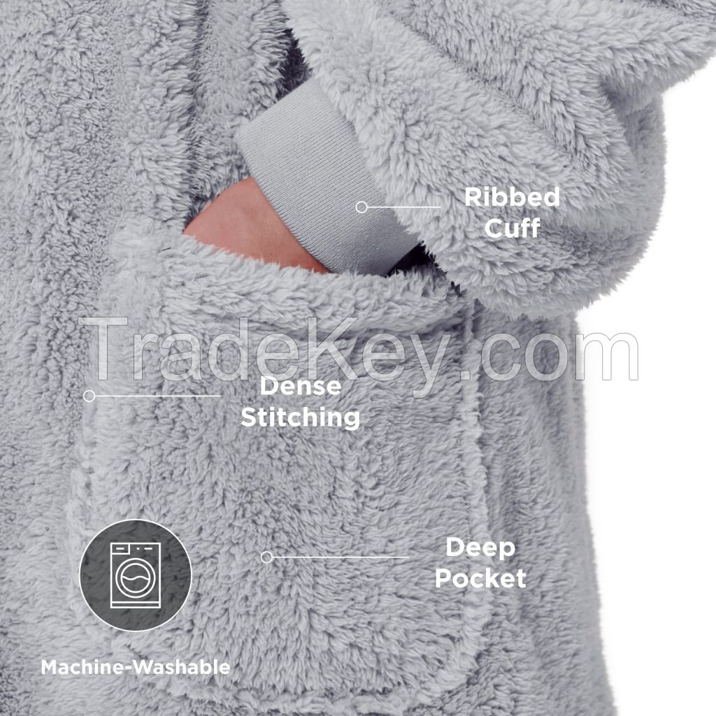 Oversized Wearable Cozy Sherpa Hoodie Blanket with Handy Pockets and Closed Cuff