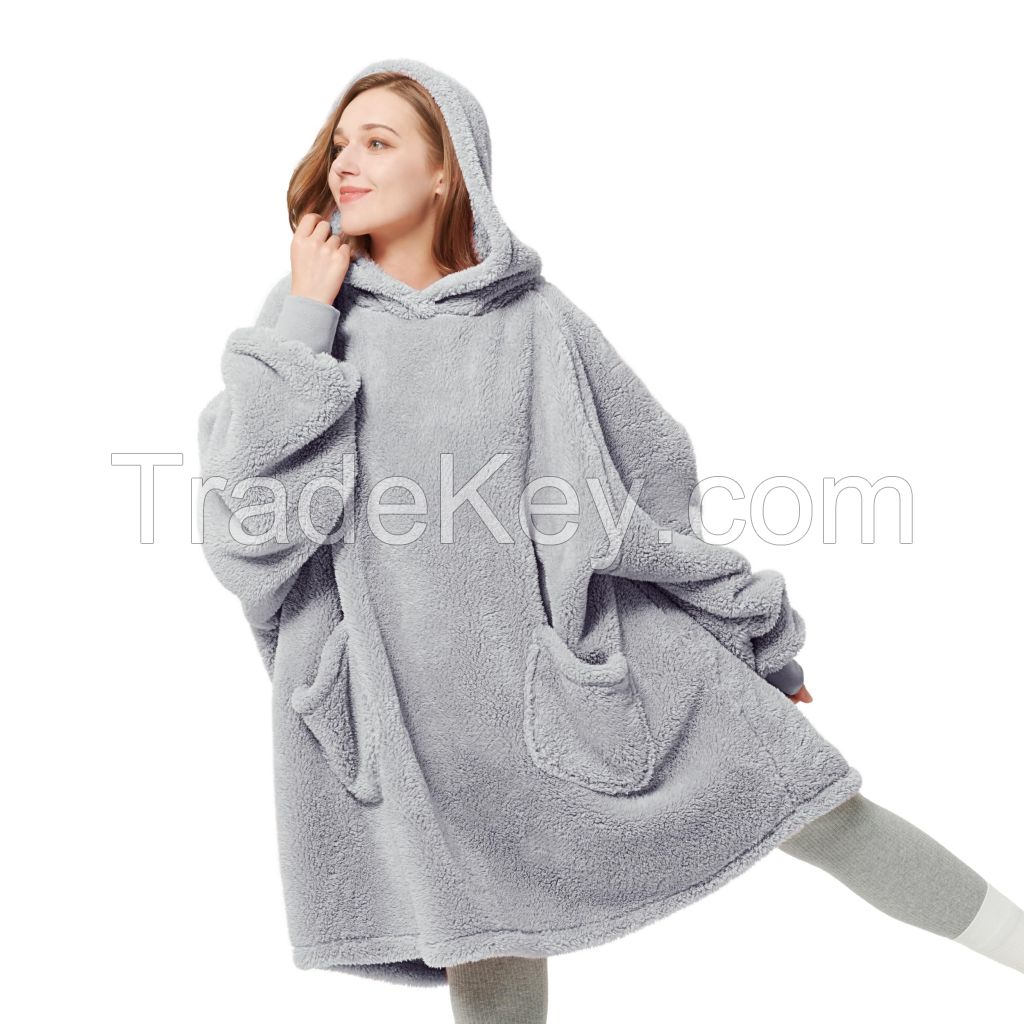 Oversized Wearable Cozy Sherpa Hoodie Blanket with Handy Pockets and Closed Cuff