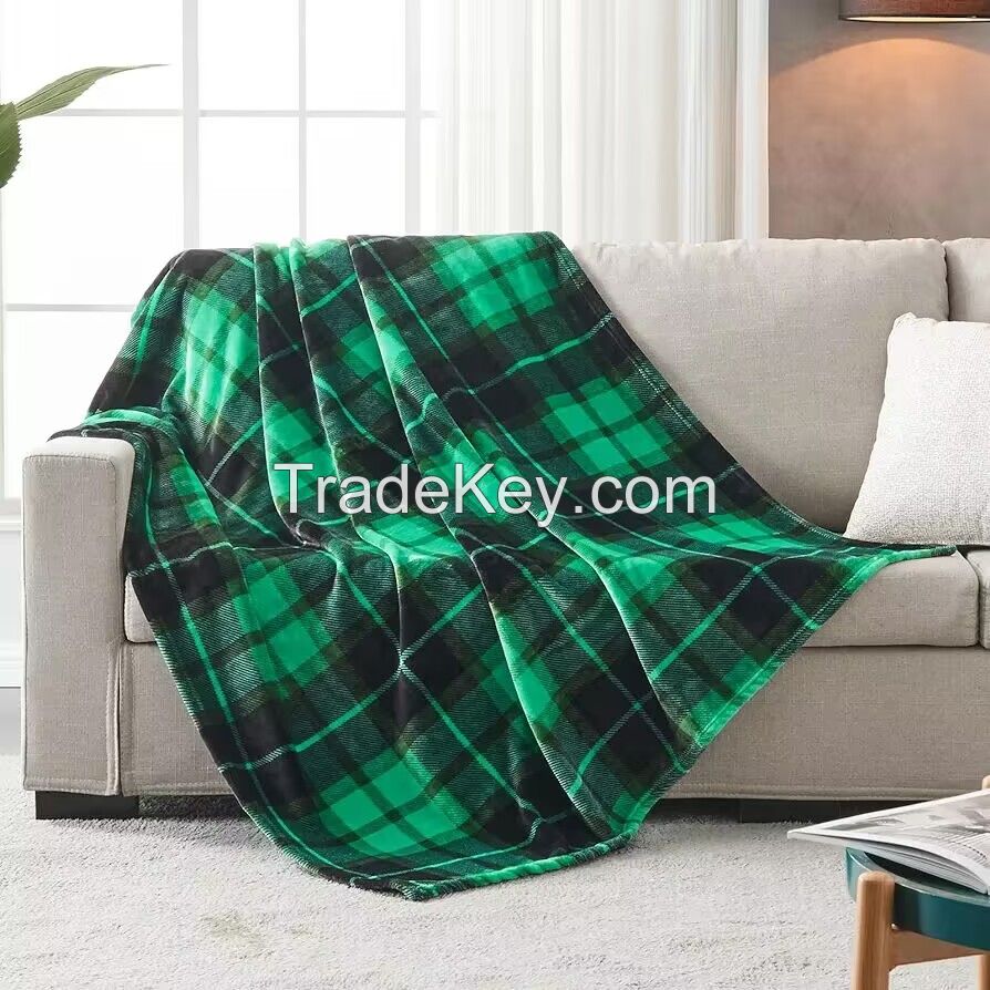 Plush Throw Blanket Green Cozy Warm Checker Printed Flannel Blanket for Couch Sofa Bed