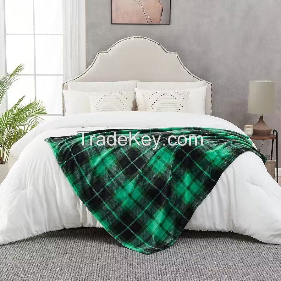 Plush Throw Blanket Green Cozy Warm Checker Printed Flannel Blanket for Couch Sofa Bed
