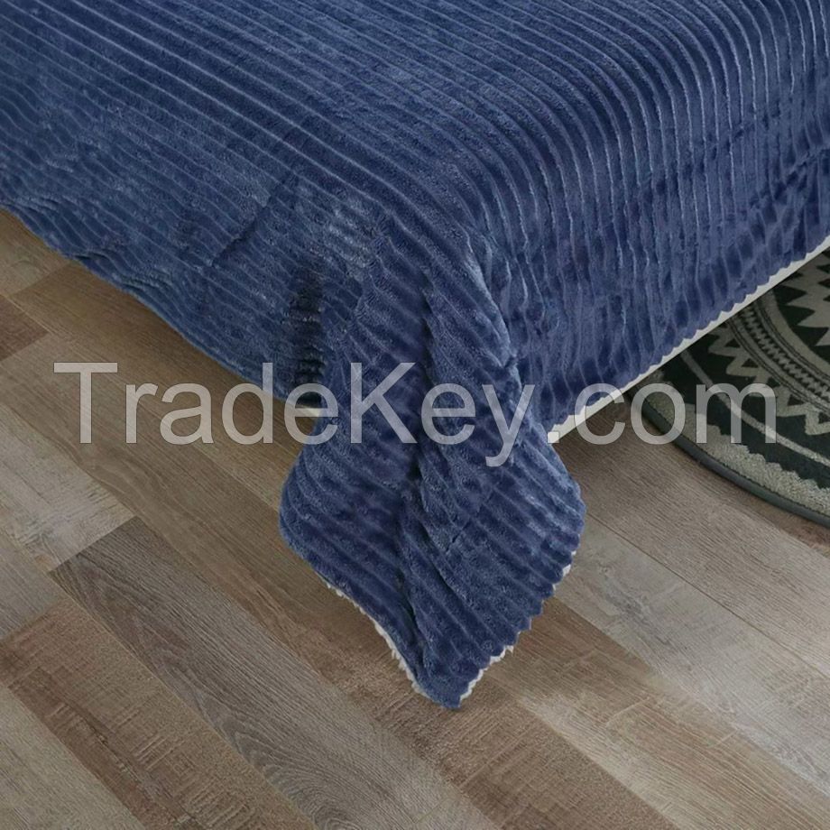 Double Layer striped pattern Navy sherpa fleece thorw blanket