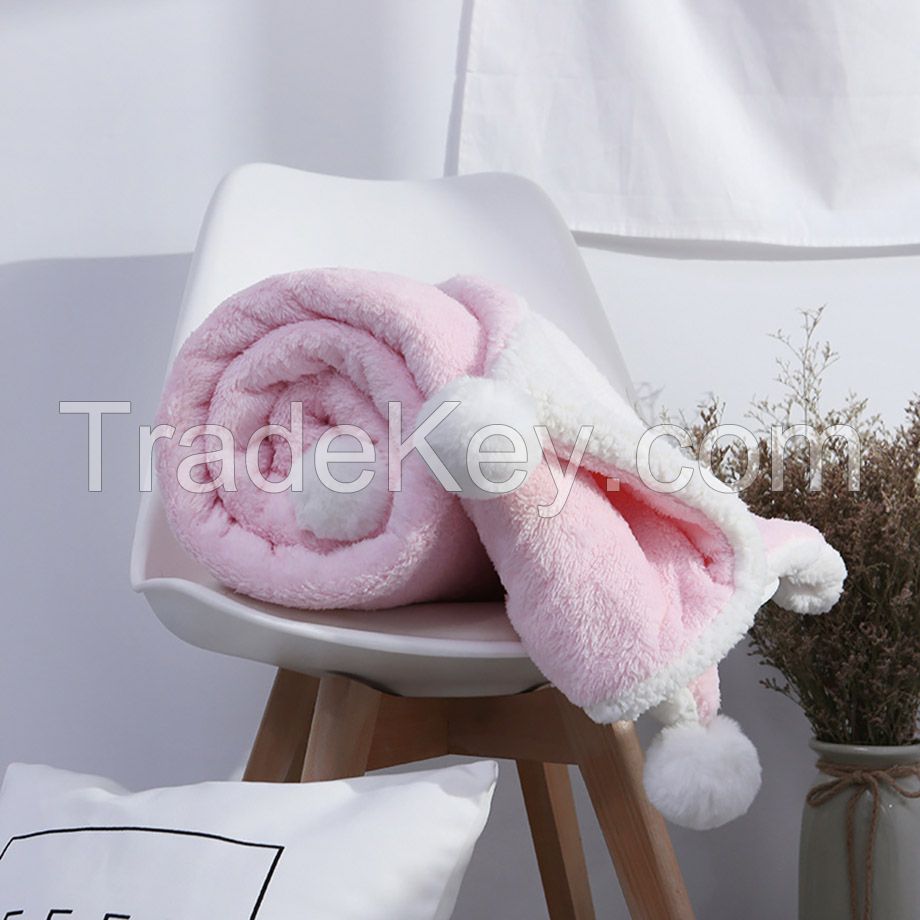 Double Layer flannel and sherpa fleece blanket pink with lovely pompoms for home