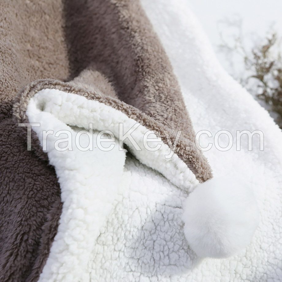 Double Layer flannel and sherpa fleece blanket with lovely pompoms for home
