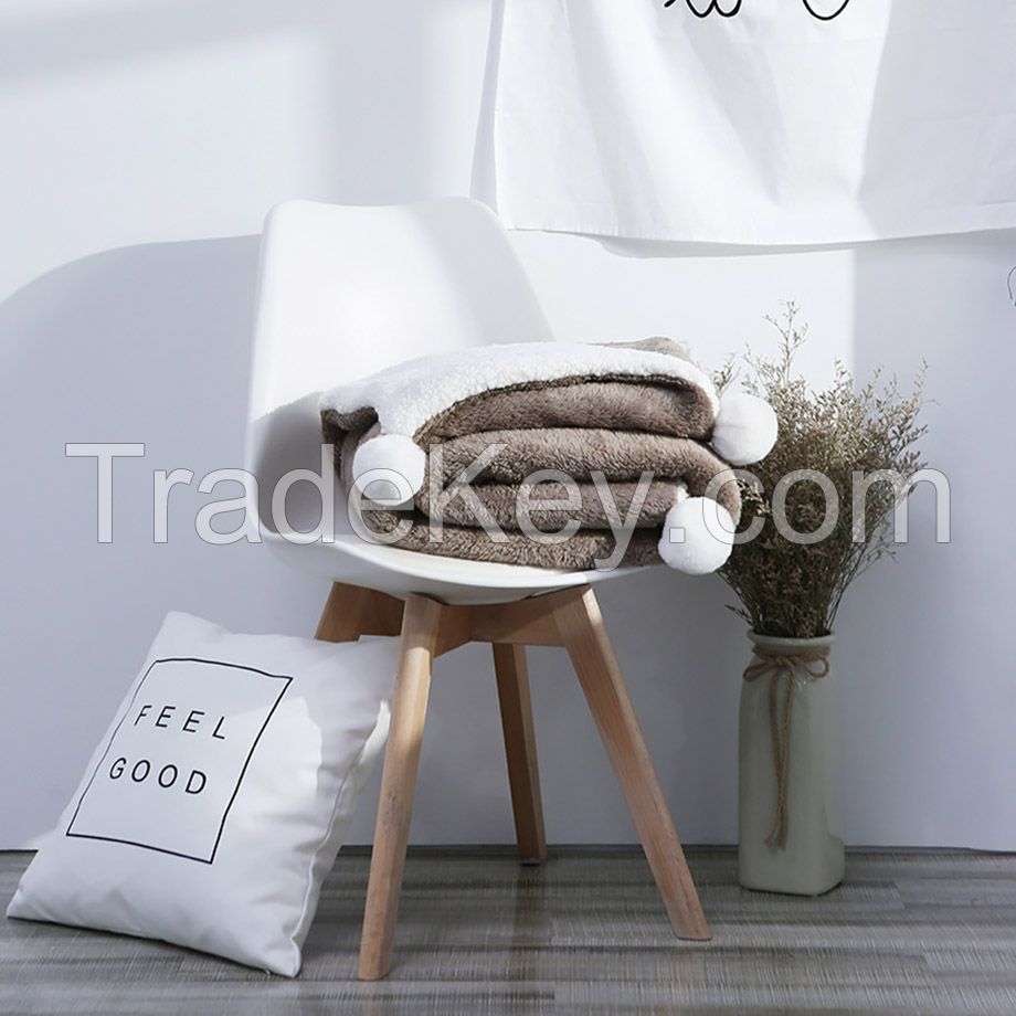 Double Layer flannel and sherpa fleece blanket with lovely pompoms for home