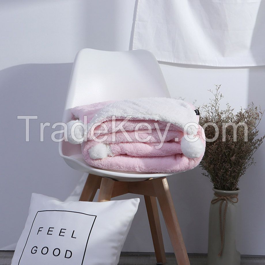 Double Layer flannel and sherpa fleece blanket pink with lovely pompoms for home