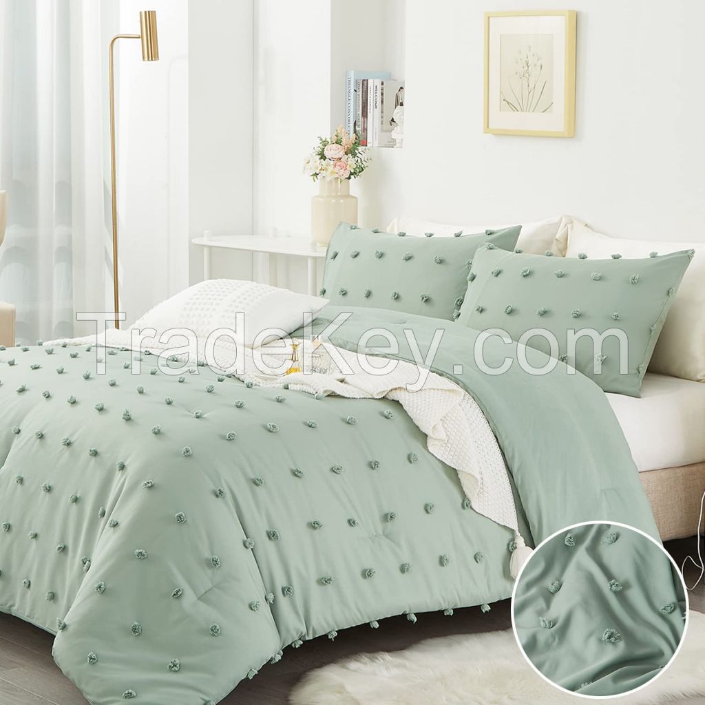 STUAA Pom Pom Pink 3PCS Comforter Set Tufted Jacquard Comforter