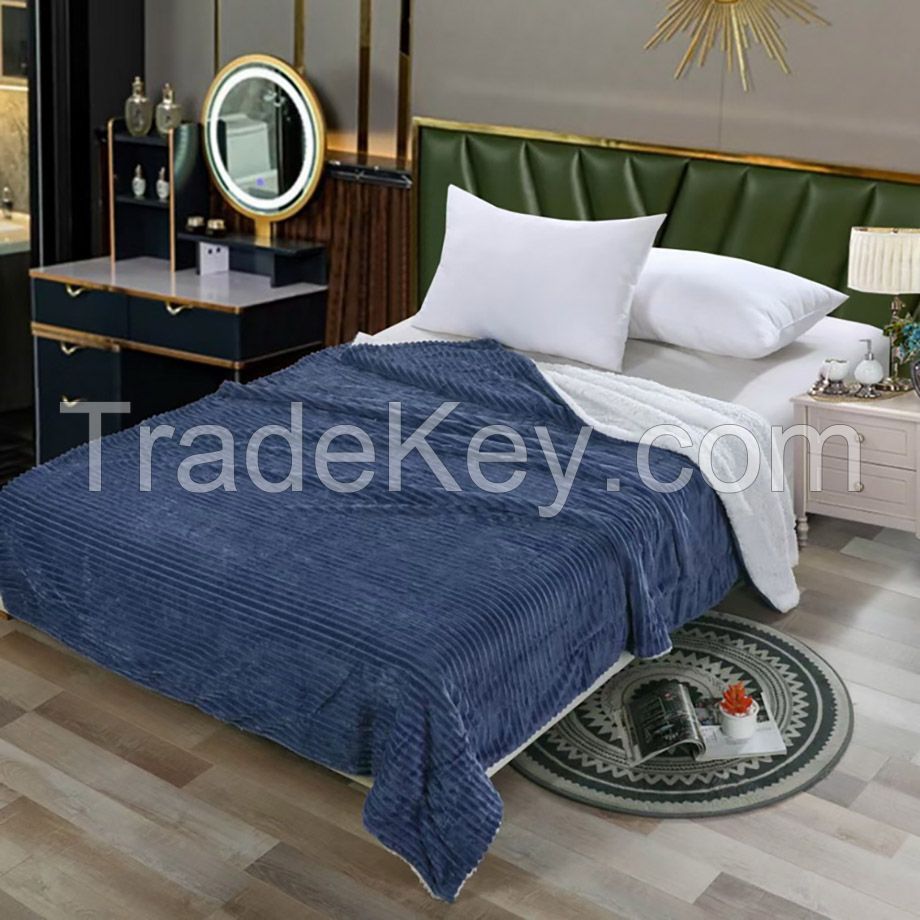 Double Layer striped pattern Navy sherpa fleece thorw blanket