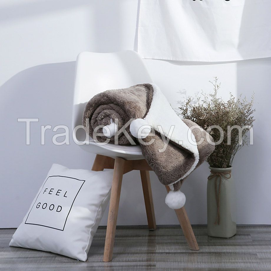 Double Layer flannel and sherpa fleece blanket with lovely pompoms for home
