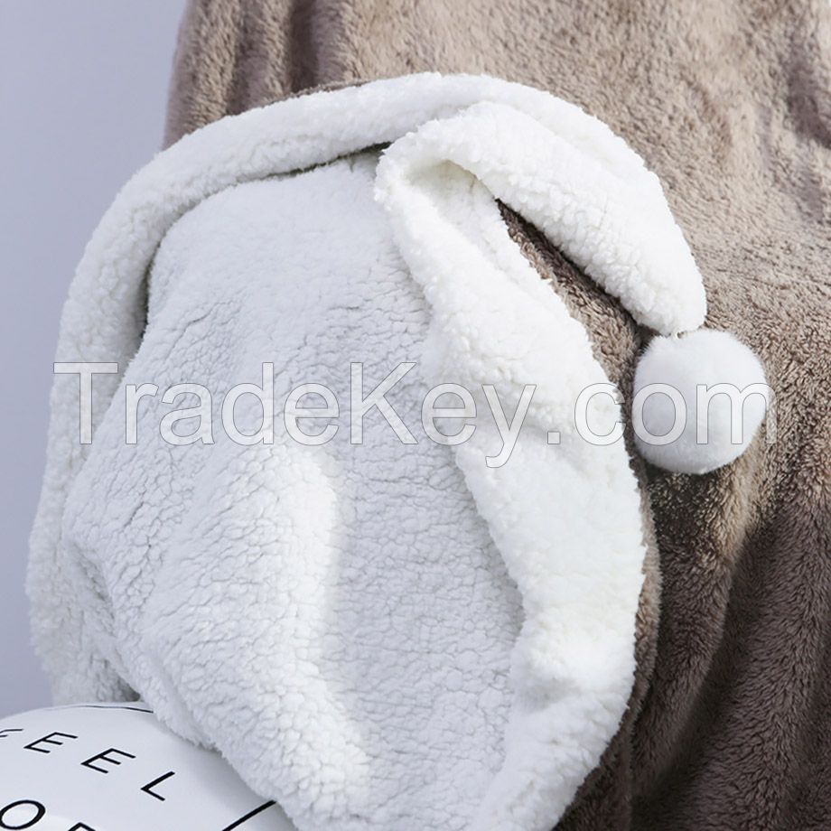 Double Layer flannel and sherpa fleece blanket with lovely pompoms for home