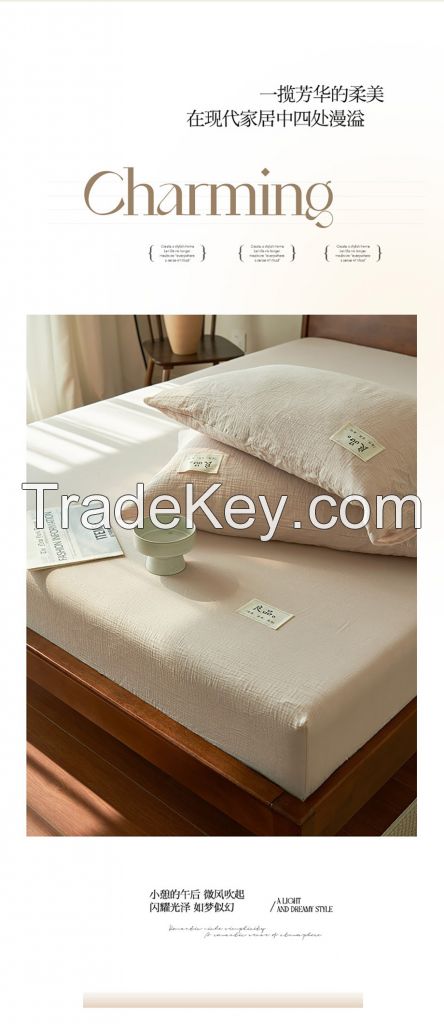 100% Cotton Double Layers Muslin Fitted Sheet Bedding Set For Bedroom