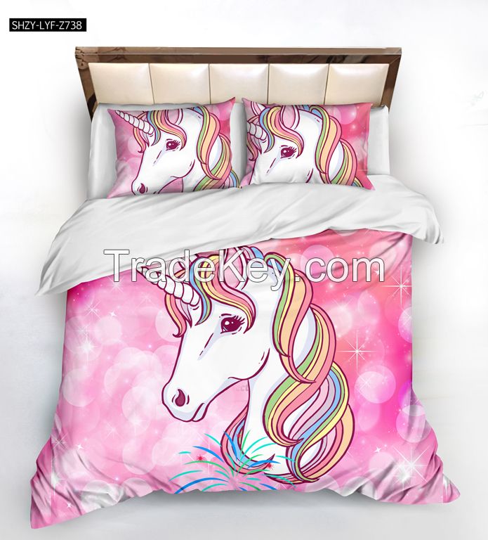100% cotton/100% polyester bedding set with cute digital unicorn printing for kids