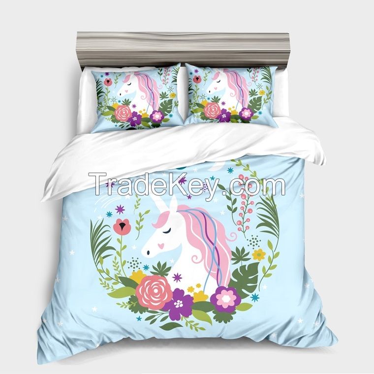 100% cotton/100% polyester bedding set with cute digital unicorn printing for kids