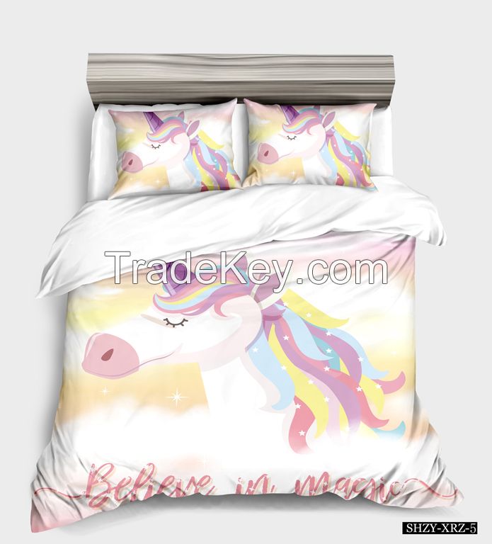 100% cotton/100% polyester bedding set with cute digital unicorn printing for kids