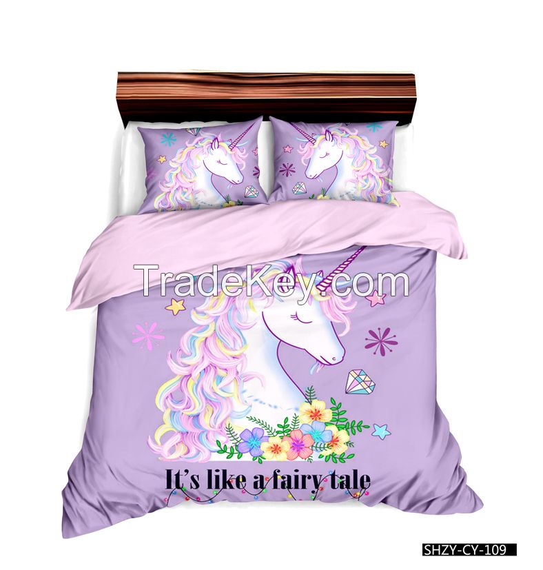 100% cotton/100% polyester bedding set with cute digital unicorn printing for kids