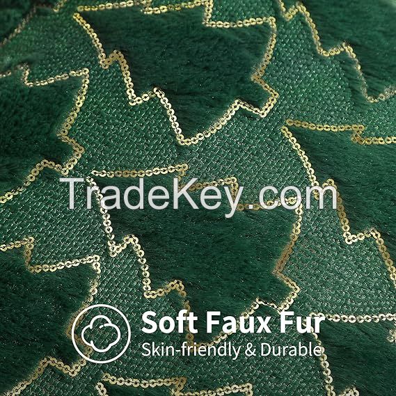 Christmas Throw Pillow Covers Green Christmas Tree with Gold Sequins Winter Holiday Faux Fur Pillowcases Decor 