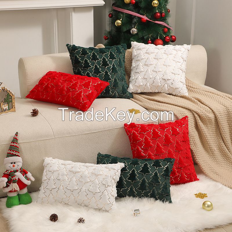 Christmas Throw Pillow Covers Green Christmas Tree with Gold Sequins Winter Holiday Faux Fur Pillowcases Decor 