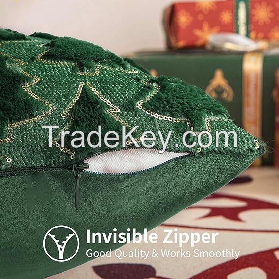 Christmas Throw Pillow Covers Green Christmas Tree with Gold Sequins Winter Holiday Faux Fur Pillowcases Decor 