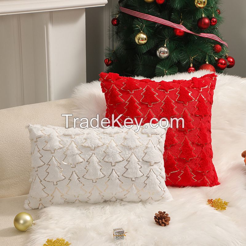 Christmas Throw Pillow Covers Green Christmas Tree with Gold Sequins Winter Holiday Faux Fur Pillowcases Decor 