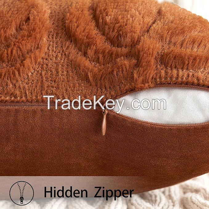 Pumpkin Fall Decorative Throw Pillow Covers Orange Soft Faux Fur Pillow Covers for Autumn Harvest, Fluffy Plush Accent Pillow Cases