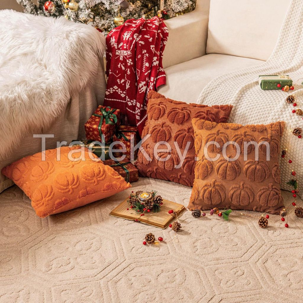 Pumpkin Fall Decorative Throw Pillow Covers Orange Soft Faux Fur Pillow Covers for Autumn Harvest, Fluffy Plush Accent Pillow Cases