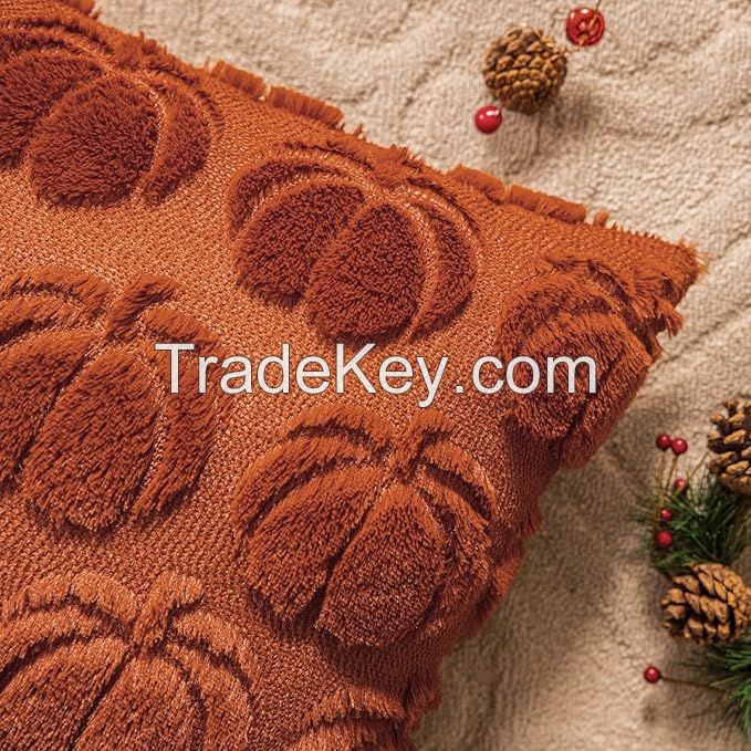 Pumpkin Fall Decorative Throw Pillow Covers Orange Soft Faux Fur Pillow Covers for Autumn Harvest, Fluffy Plush Accent Pillow Cases
