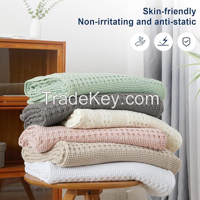 Cotton Waffle Weave Blanket Soft Lightweight Breathable Cozy Summer Blankets for Bed Luxury Woven Bedding Wearable Blanket