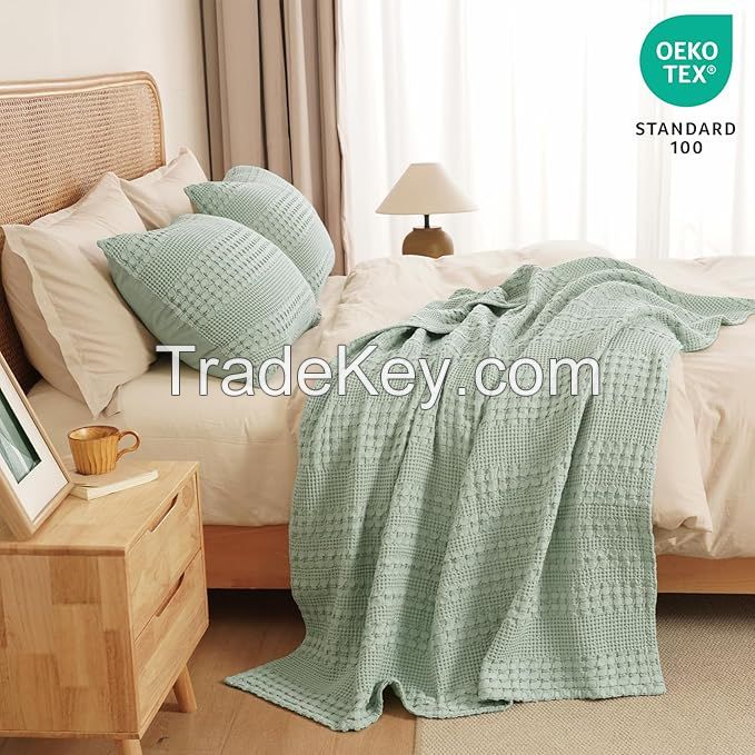 Cotton Waffle Weave Blanket Soft Lightweight Breathable Cozy Summer Blankets for Bed Luxury Woven Bedding Wearable Blanket