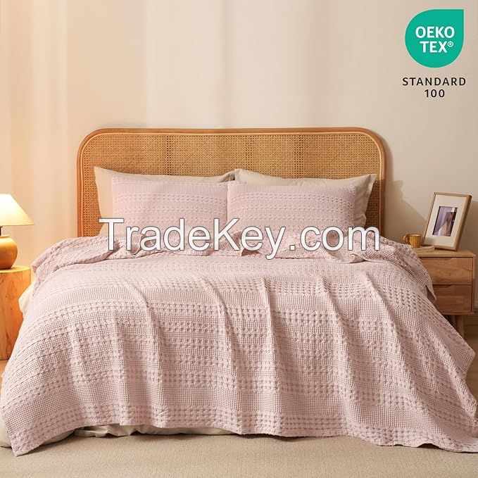 Cotton Waffle Weave Blanket Soft Lightweight Breathable Cozy Summer Blankets for Bed Luxury Woven Bedding Wearable Blanket