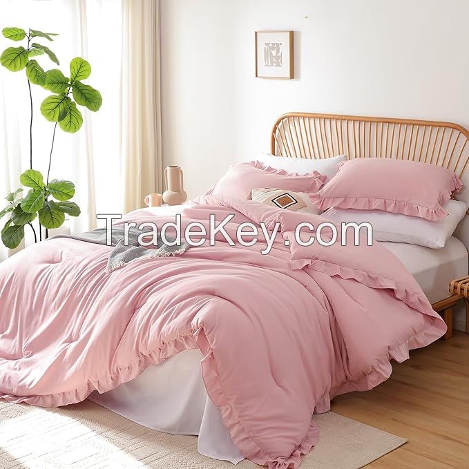 Pink Comforter Set Queen 3PCS Ruffled Blush Comforter Set and 2 Pillowcase Vintage Shabby Chic Bedding Soft Fluffy Comforter Set