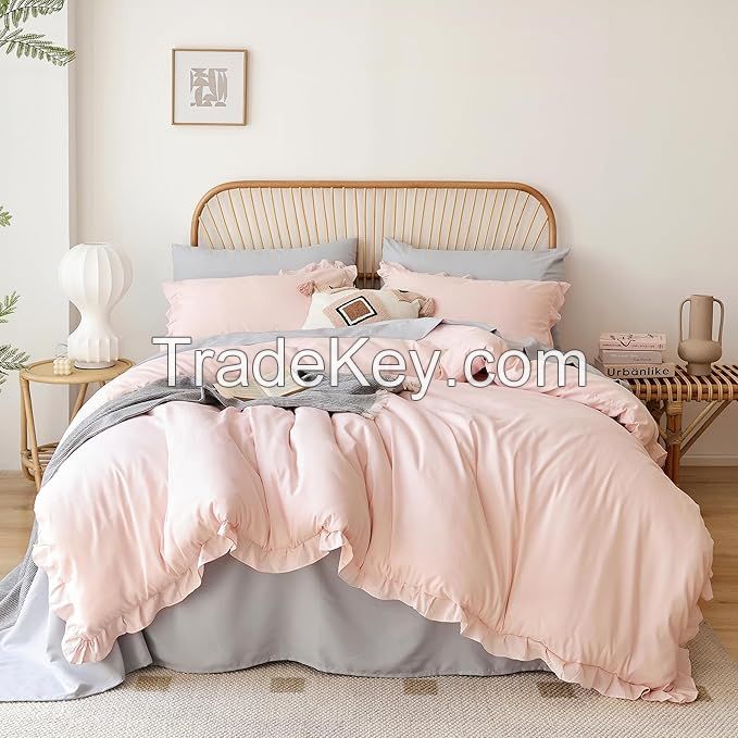 Pink Comforter Set Queen 3PCS Ruffled Blush Comforter Set and 2 Pillowcase Vintage Shabby Chic Bedding Soft Fluffy Comforter Set