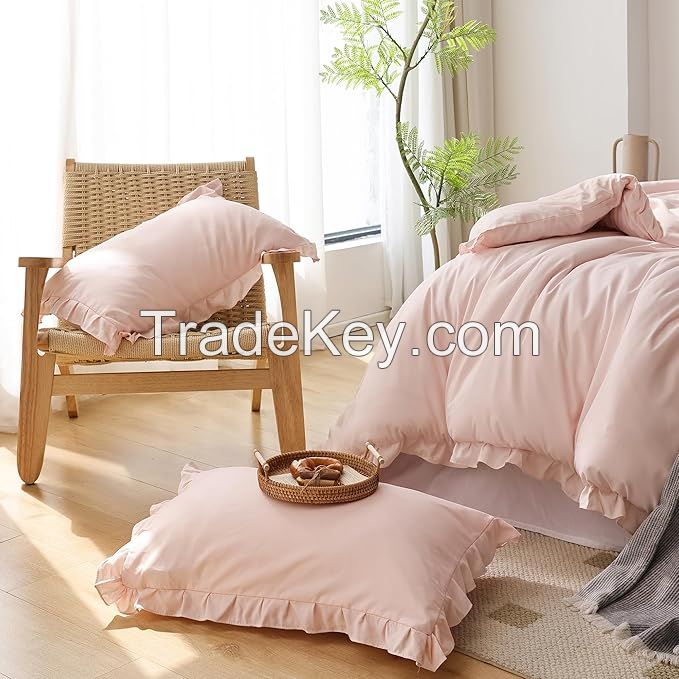 Pink Comforter Set Queen 3PCS Ruffled Blush Comforter Set and 2 Pillowcase Vintage Shabby Chic Bedding Soft Fluffy Comforter Set
