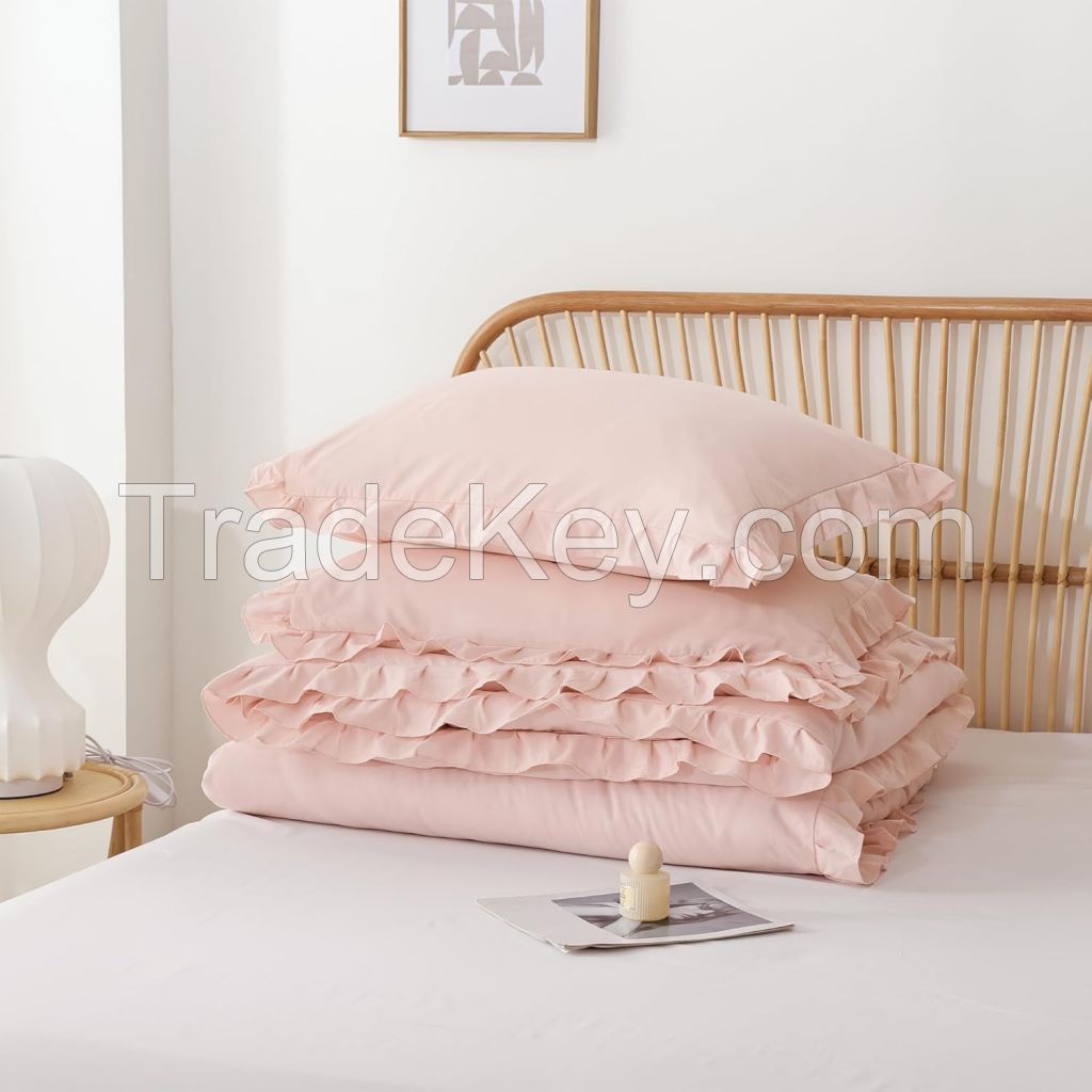 Pink Comforter Set Queen 3PCS Ruffled Blush Comforter Set and 2 Pillowcase Vintage Shabby Chic Bedding Soft Fluffy Comforter Set
