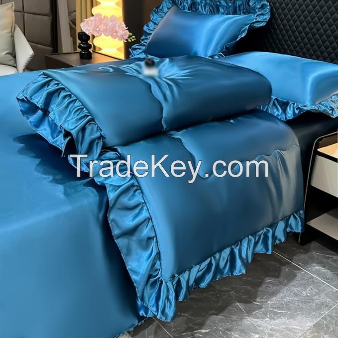 Blue Rose Red Silk Like Satin Bedding Set Queen Duvet Cover Set Luxury Soft Comforter Cover Bedroom Decor Chic Luxurious Silky Bedspread Cover Zipper 